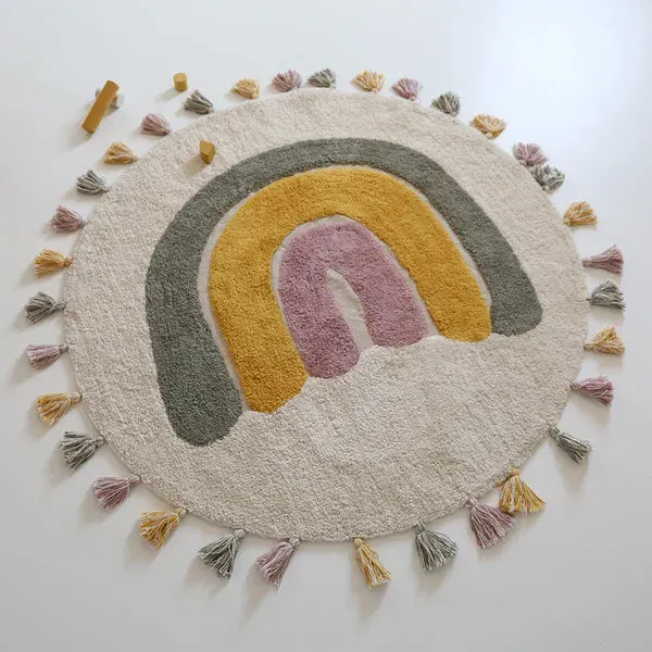 Nattiot Rainbow Machine Washable Cotton Children's Rug with pompom's MOSS 2