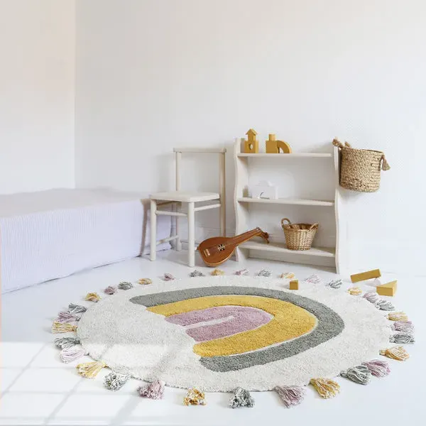 Nattiot Rainbow Machine Washable Cotton Children's Rug with pompom's MOSS